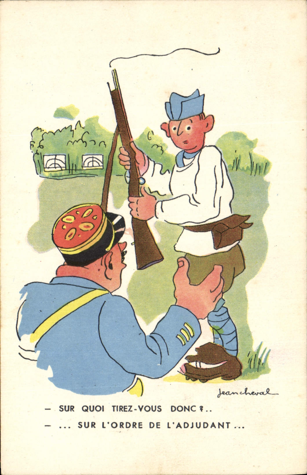 Soldat et adjudant — caricature humoristique — Jeancherval