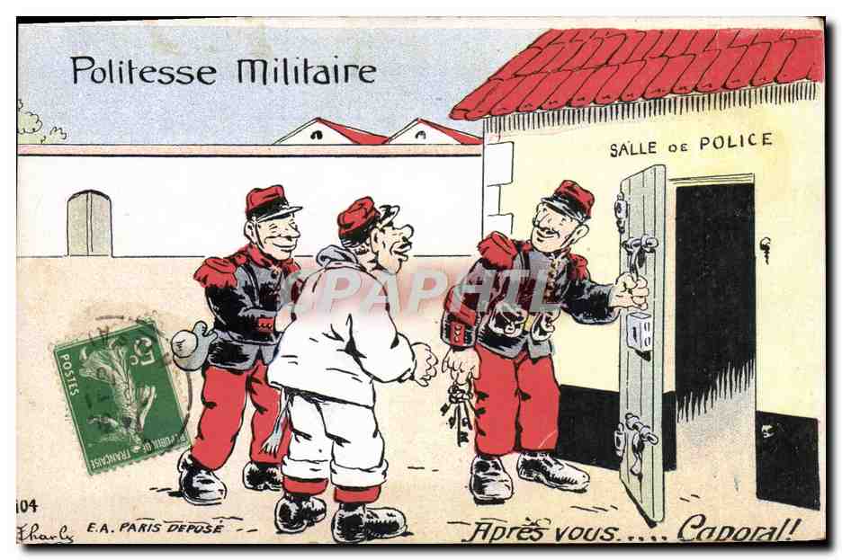 Politesse Militaire — caricature de soldats devant une salle de police — E.A. Paris déposé n°104
