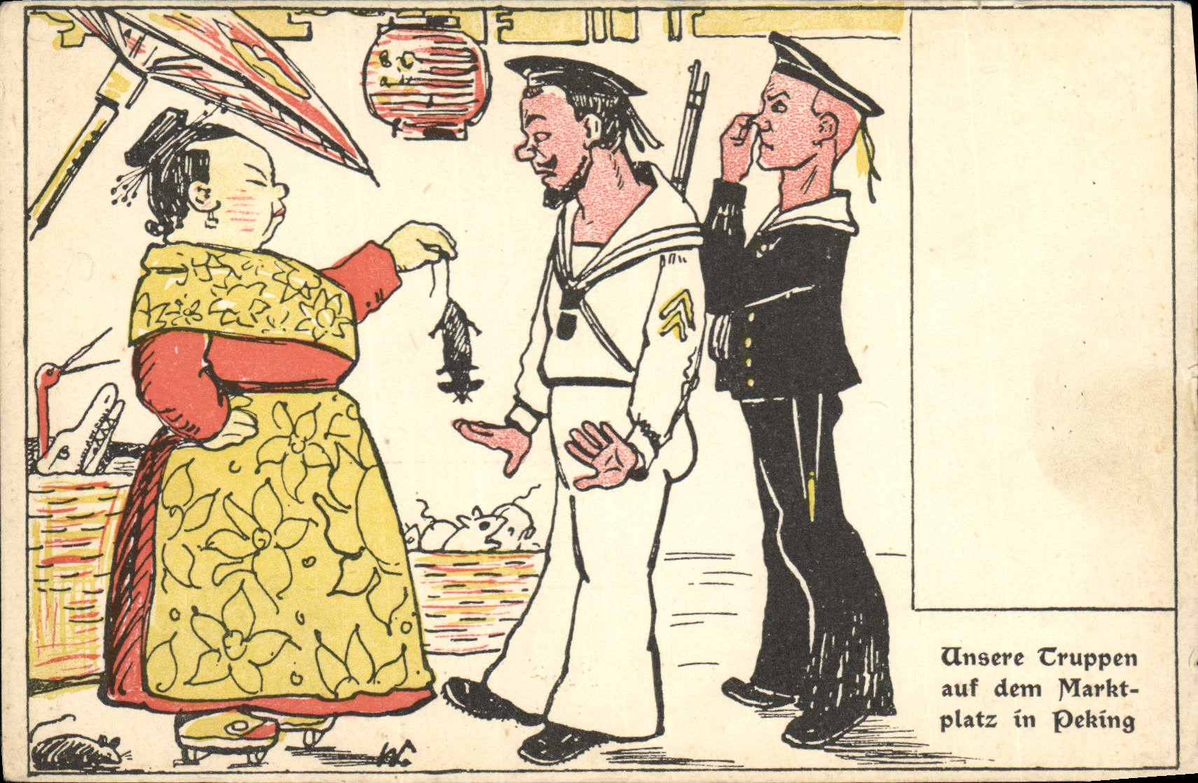 Nos troupes sur le marché de Pékîn — illustration humoristique — éditeur non visible
