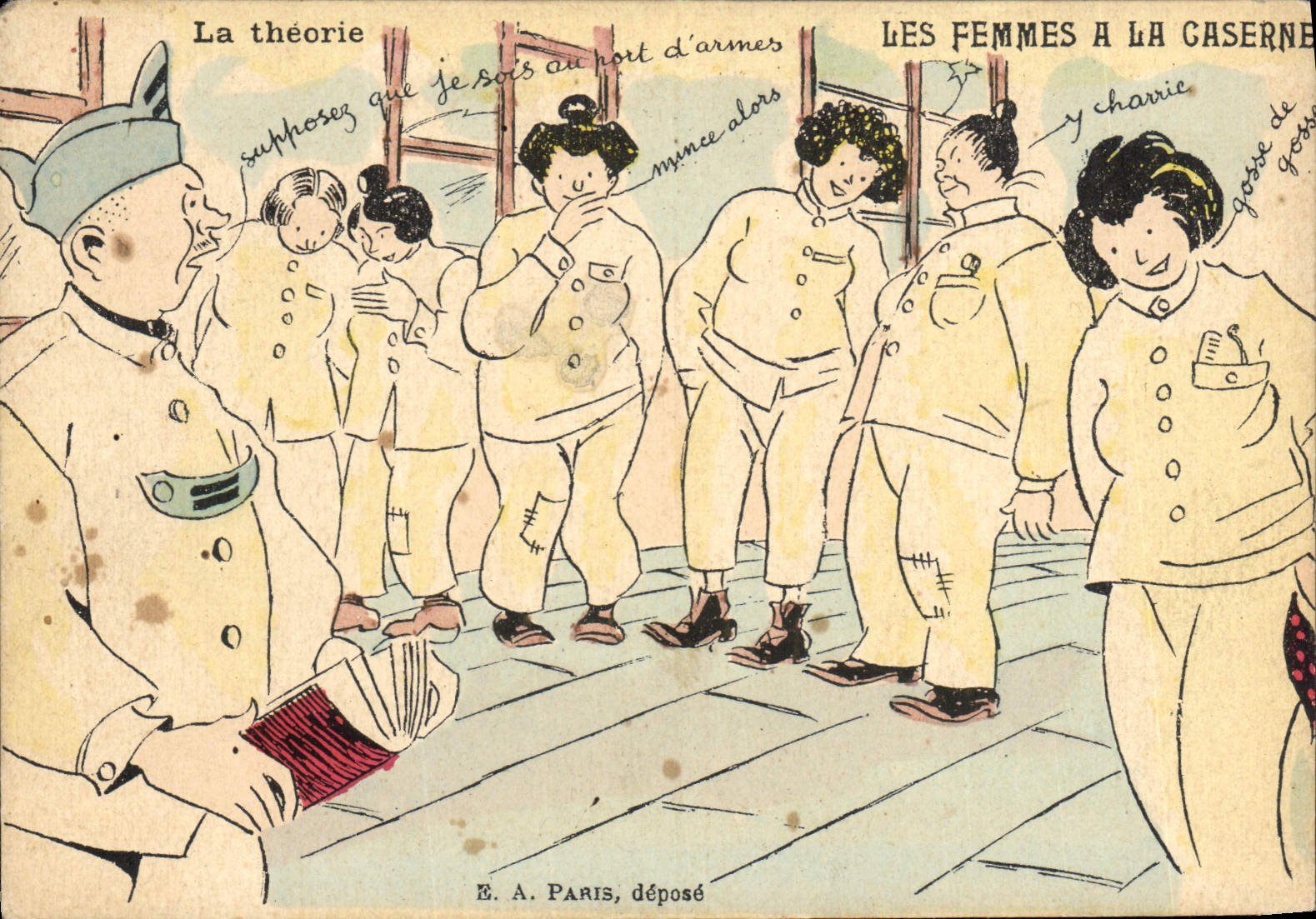 Les Femmes à la Caserne — caricature militaire — E. A. Paris, déposé