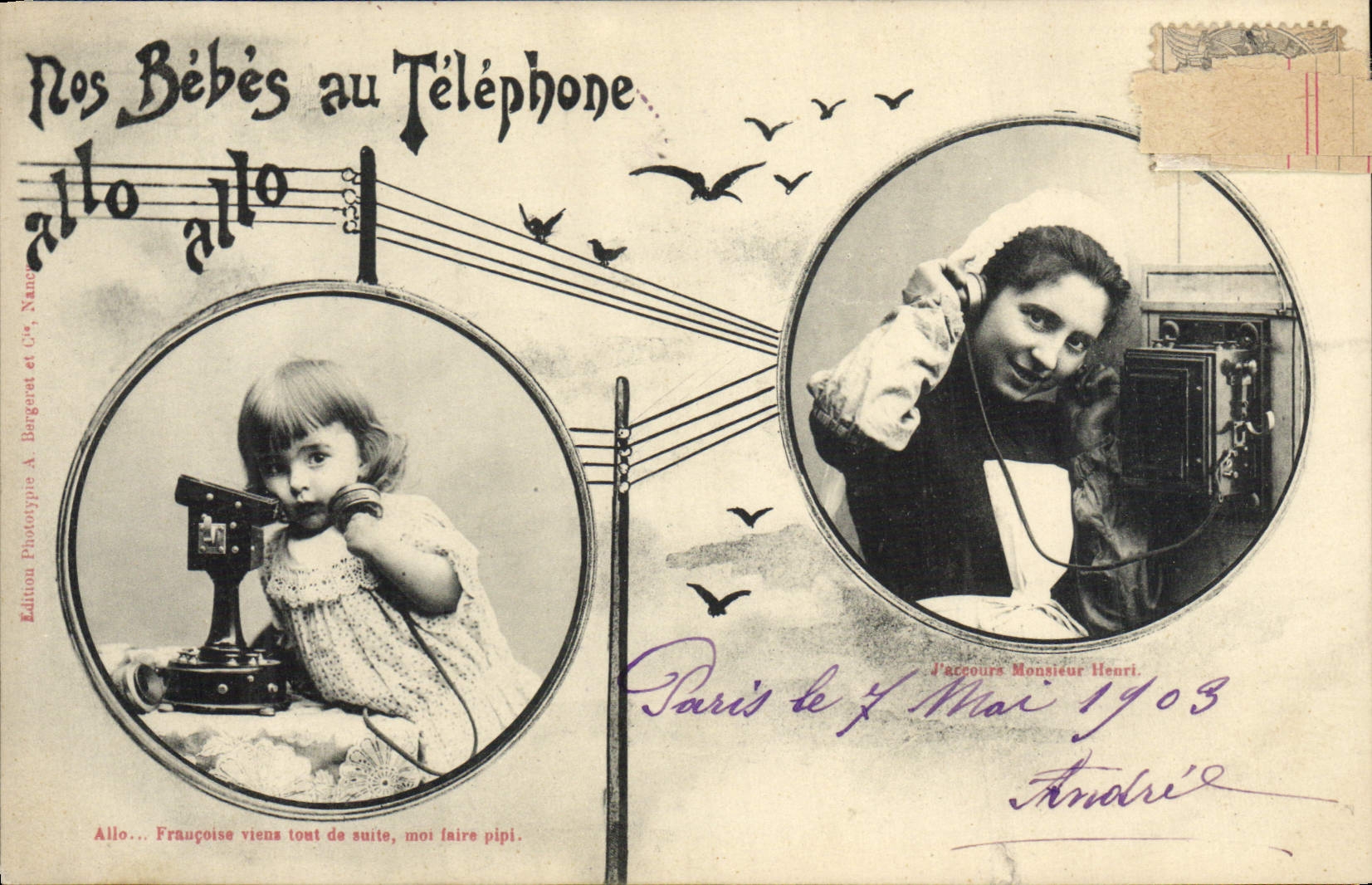 Tarjeta postal antigua Fantasía Teléfono Nuestros bebés al teléfono