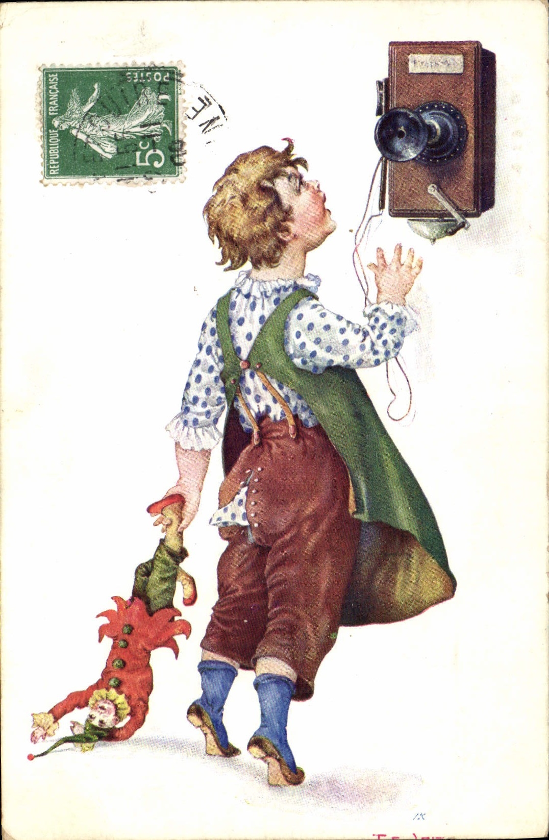 Enfant jouant avec un téléphone mural — éditeur B.K.W.I, n° 472-3