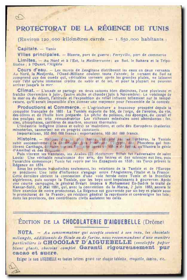 CPA Protectorats Francais Chocolaterie d'Aiguebelle Tunisie Tunis — Rückseite