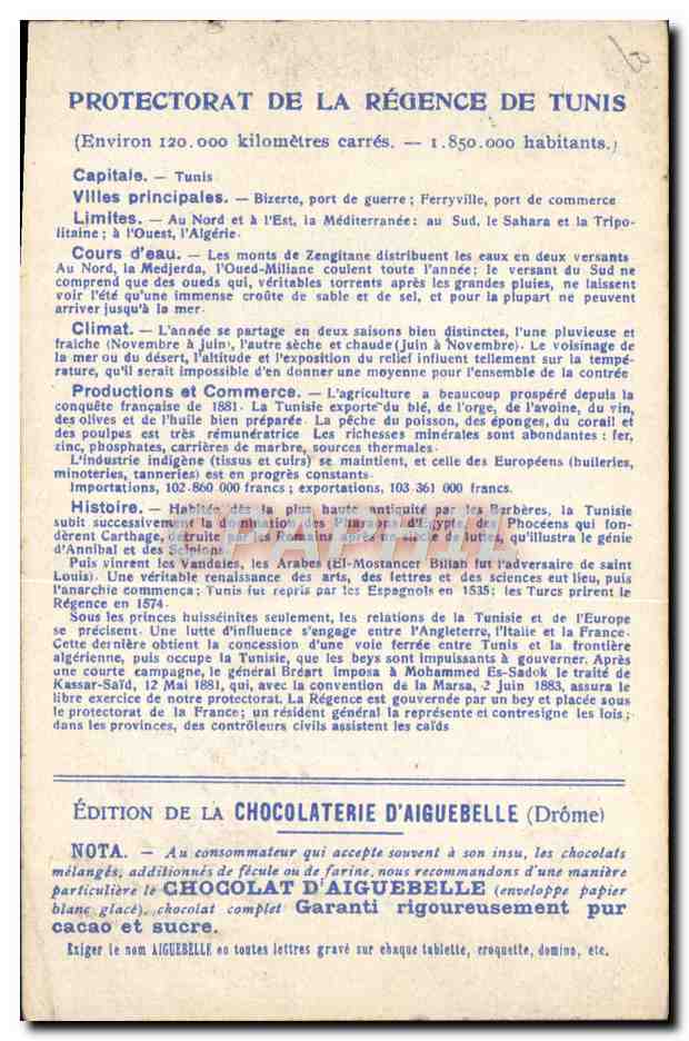 CPA Protectorats Francais Chocolaterie d'Aiguebelle Tunisie Tunis  — Rückseite