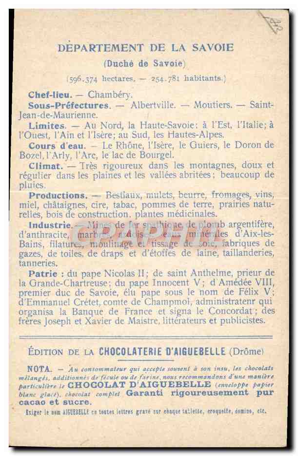 CPA Carte geographique Chocolaterie d'Aiguebelle Savoie — Rückseite