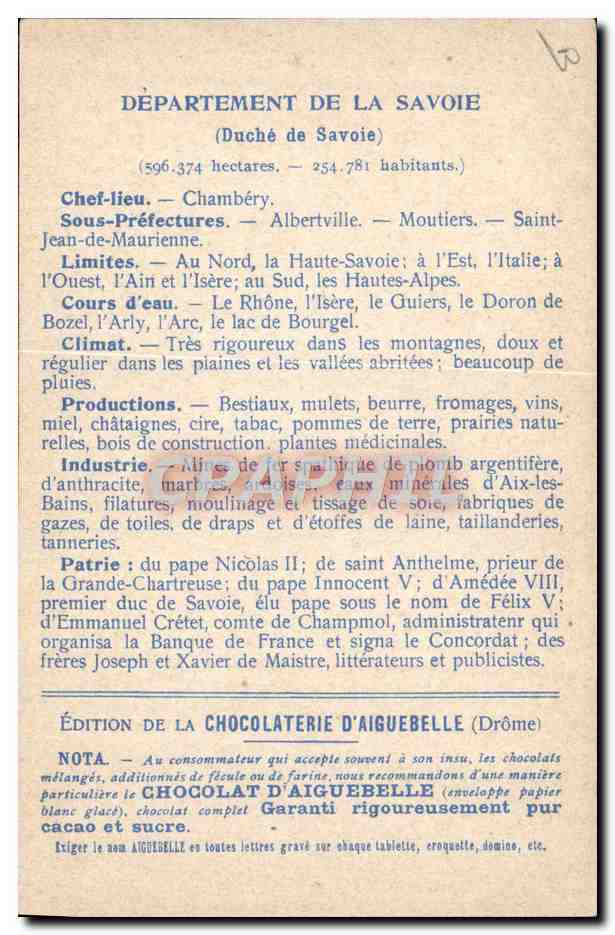 CPA Carte geographique Chocolaterie d'Aiguebelle Savoie  — Rückseite