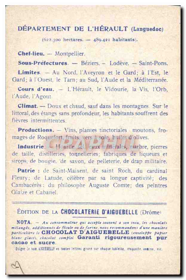 CPA Carte geographique Chocolaterie d'Aiguebelle Herault — Rückseite