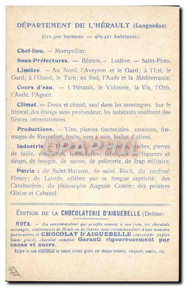CPA Carte geographique Chocolaterie d'Aiguebelle Herault — Rückseite