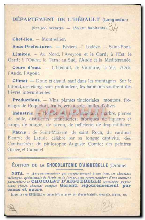 CPA Carte geographique Chocolaterie d'Aiguebelle Herault — Rückseite