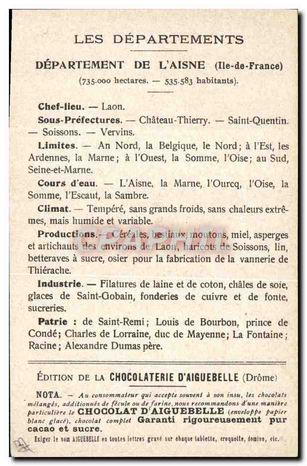CPA Carte geographique Chocolaterie d'Aiguebelle Aisne  — Rückseite