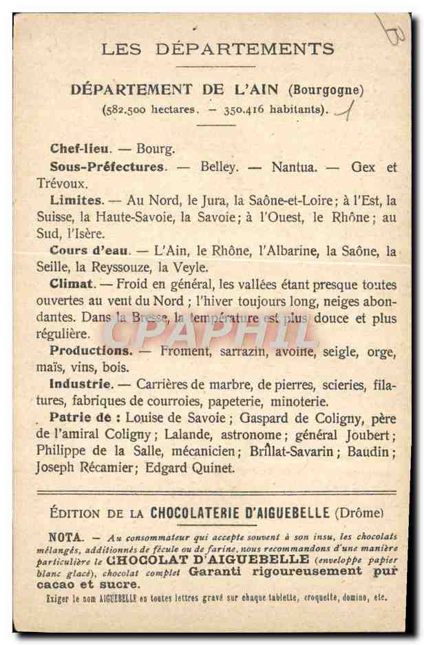 CPA Carte geographique Chocolaterie d'Aiguebelle Ain — Rückseite
