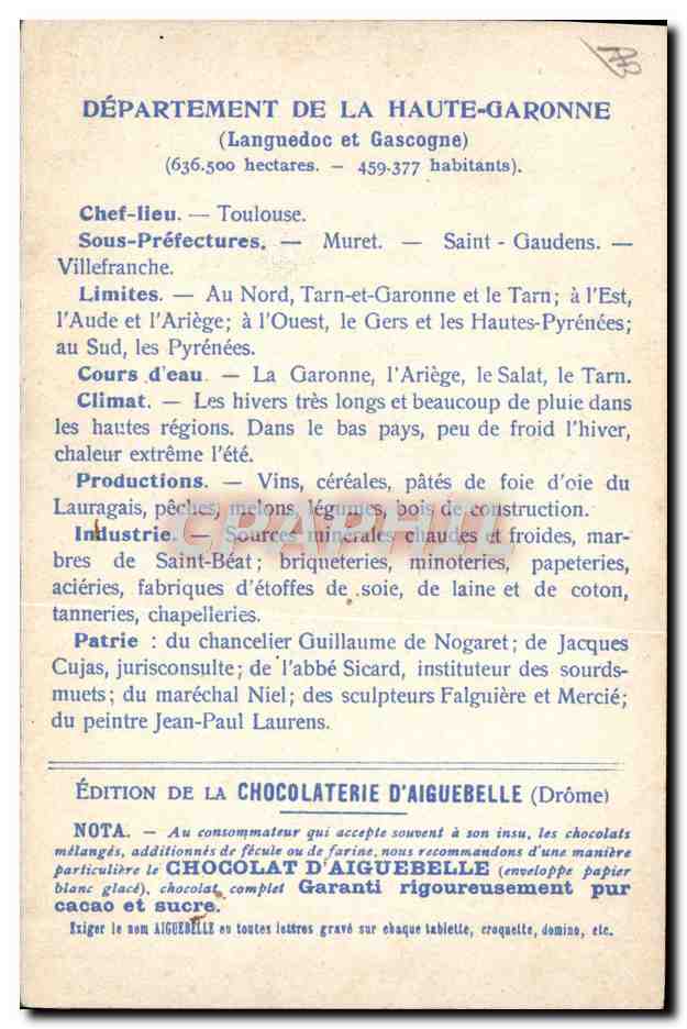 CPA Carte geographique Chocolaterie d'Aiguebelle Haute-Garonne — Rückseite