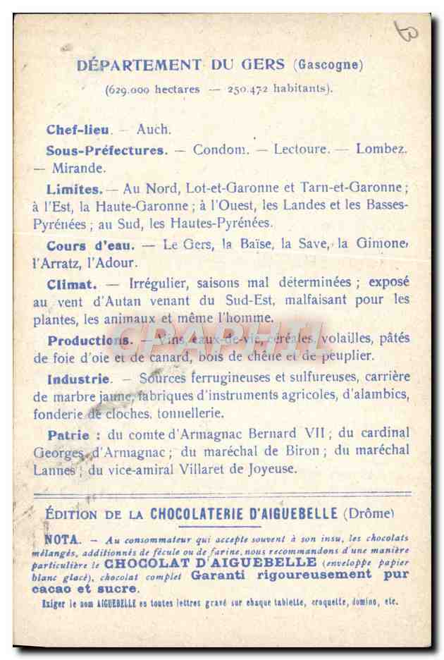 Les Départements : GERS — Édition de la CHOCOLATERIE D'AIGUEBELLE — Rückseite
