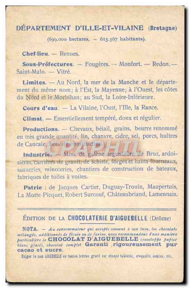 CPA Carte geographique Chocolaterie d'Aiguebelle Ille et Villaine  — Rückseite