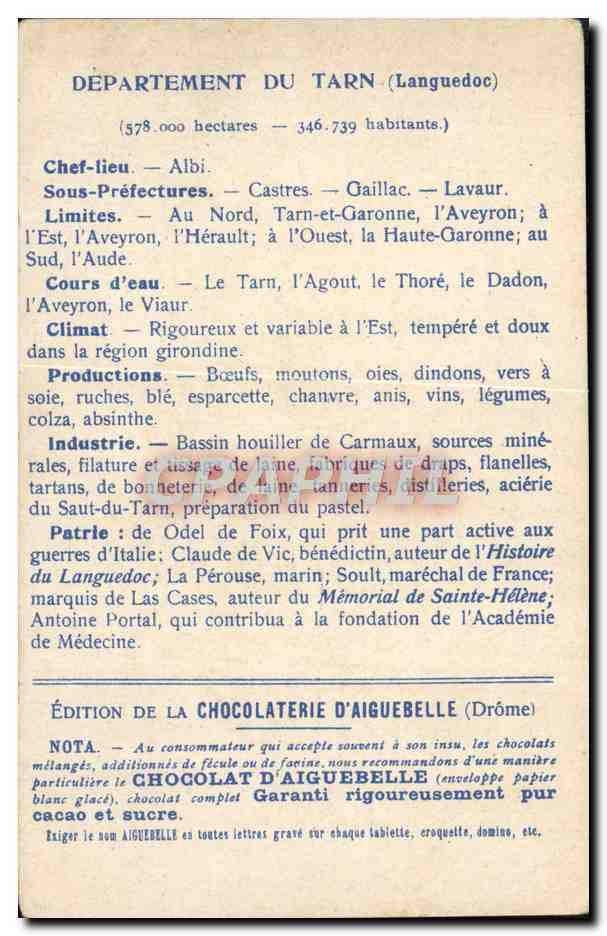 CPA Carte geographique Chocolaterie d'Aiguebelle Tarn — Rückseite