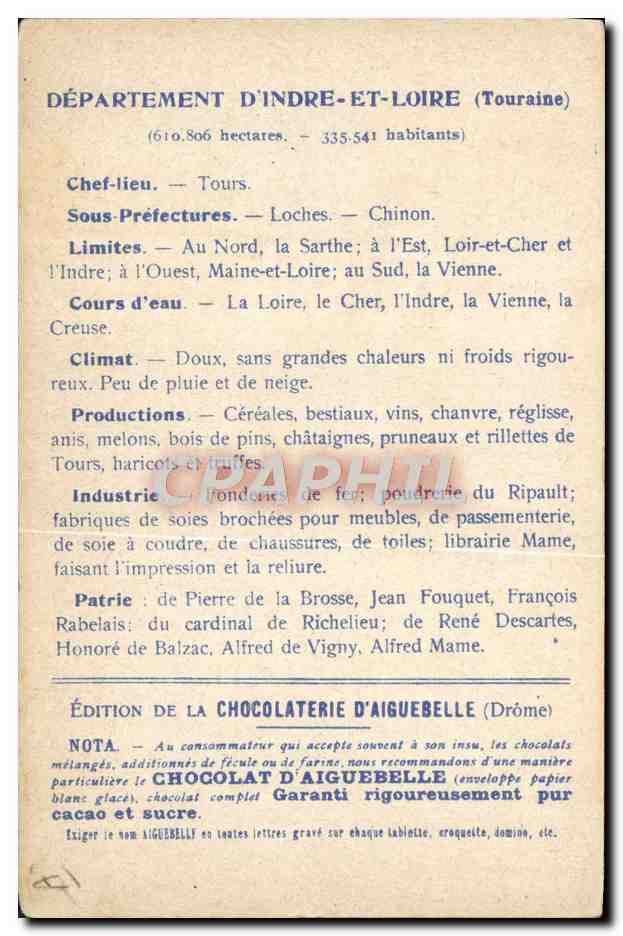 CPA Carte geographique Chocolaterie d'Aiguebelle Indre et Loire — Rückseite