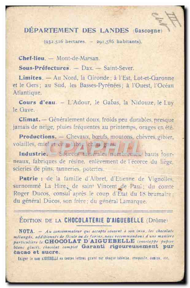 CPA Carte geographique Chocolaterie d'Aiguebelle Landes — Rückseite