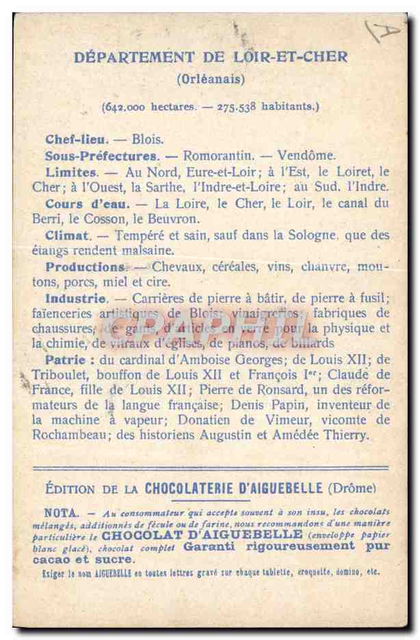 CPA Carte geographique Chocolaterie d'Aiguebelle Loir et Cher — Rückseite