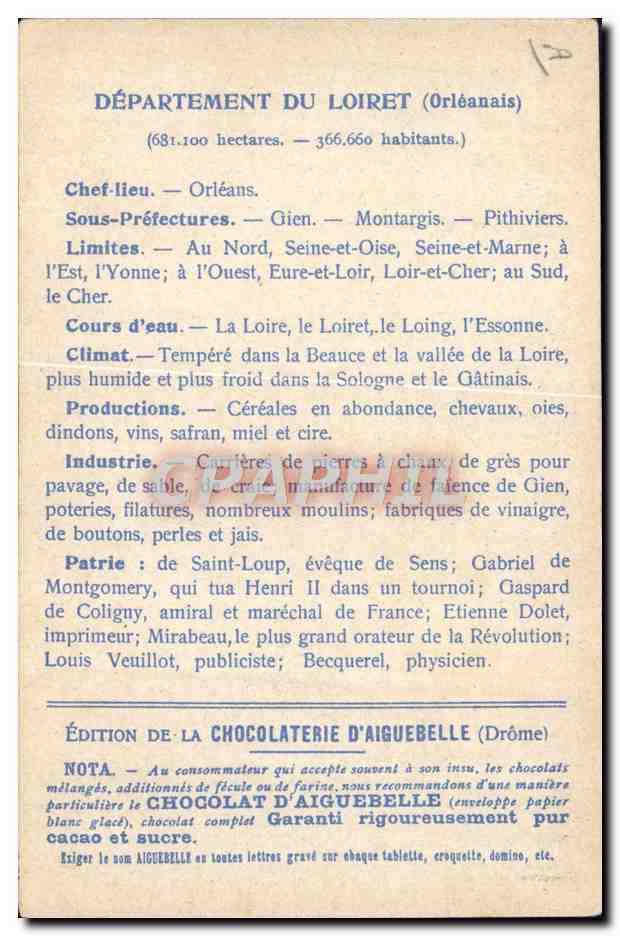 Les Départements : LOIRET — Édition de la CHOCOLATERIE D'AIGUEBELLE — Rückseite