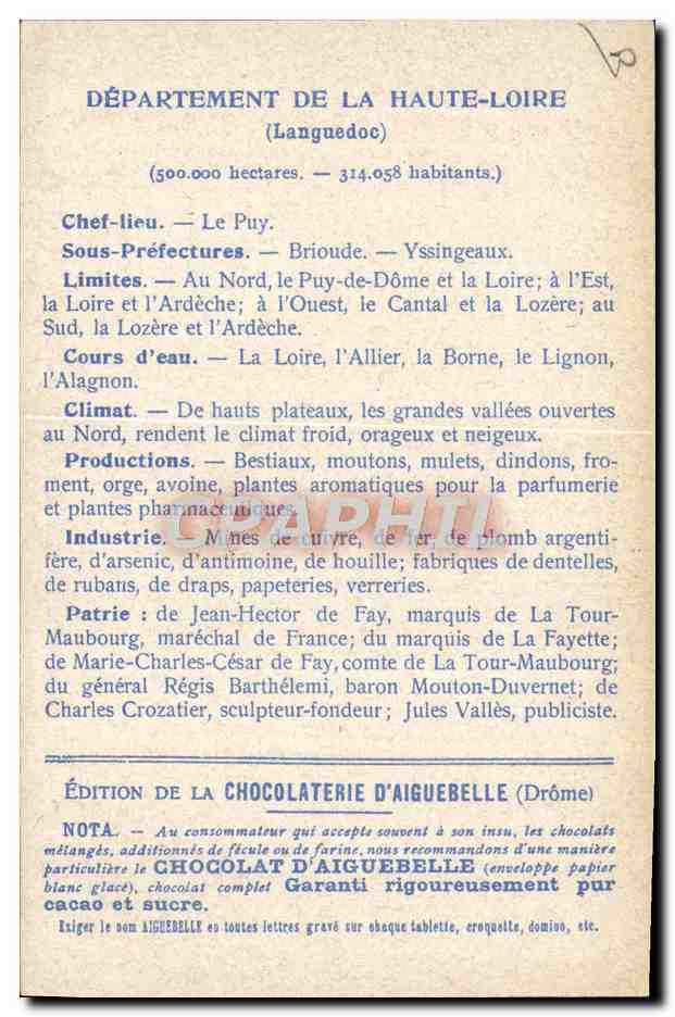 Haute-Loire — Carte des départements — Édition de la Chocolaterie d'Aiguebelle — Rückseite