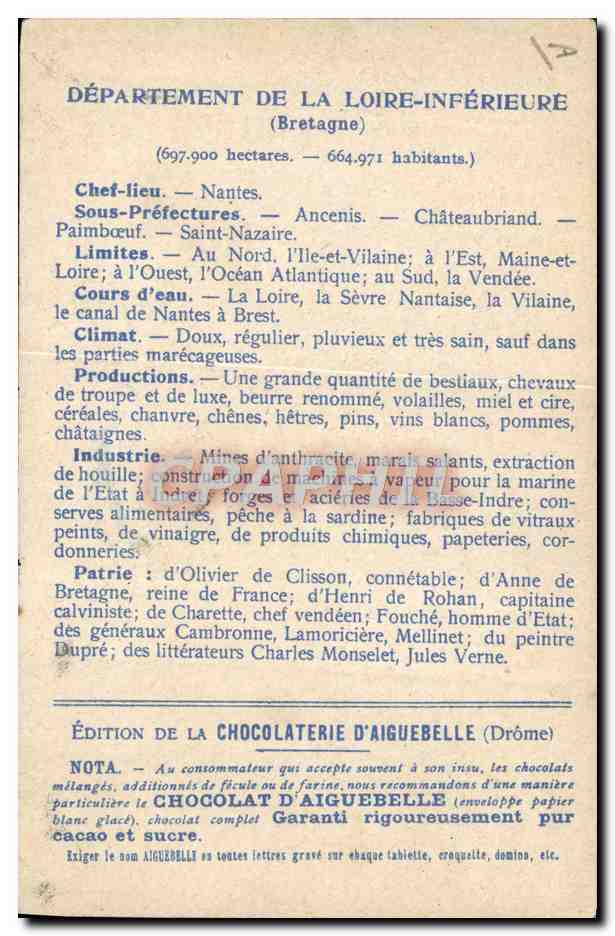 CPA Carte geographique Chocolaterie d'Aiguebelle Loire Inferieure  — Rückseite