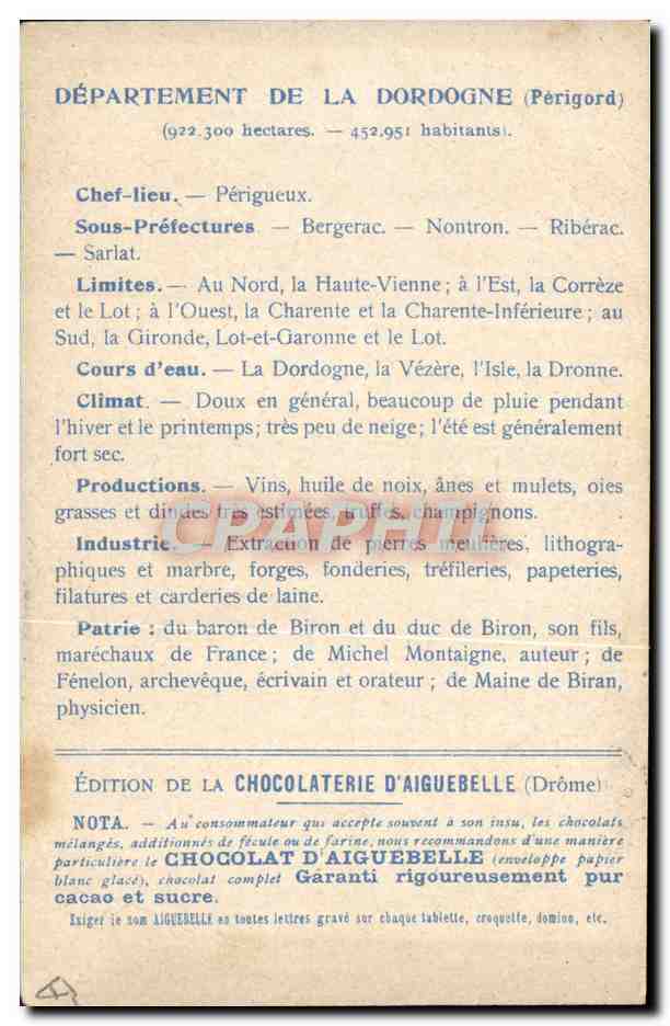 CPA Carte geographique Chocolaterie d'Aiguebelle Dordogne — Rückseite