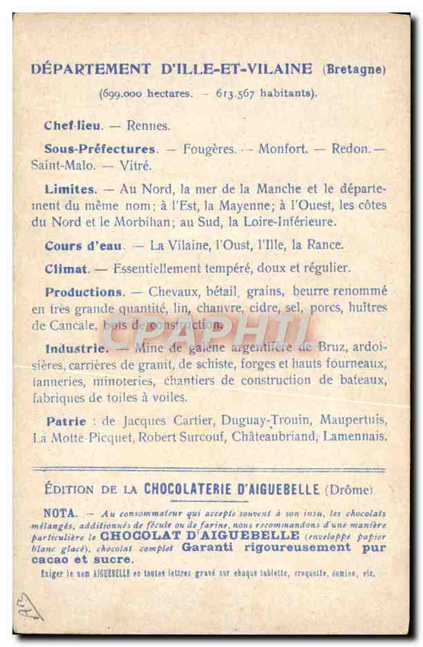 Carte des Départements : Ille-et-Vilaine — Édition de la Chocolaterie d'Aiguebelle — Rückseite