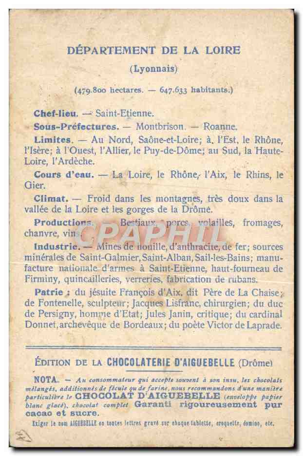 CPA Carte geographique Chocolaterie d'Aiguebelle Loire  — Rückseite