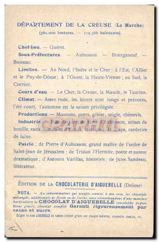CPA Carte geographique Chocolaterie d'Aiguebelle Creuse  — Rückseite