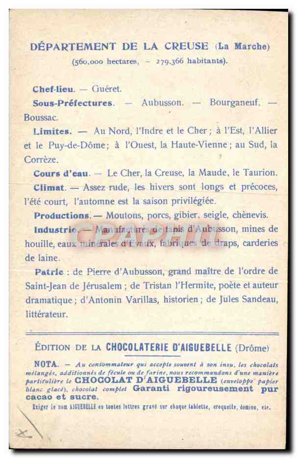 CPA Carte geographique Chocolaterie d'Aiguebelle Creuse — Rückseite