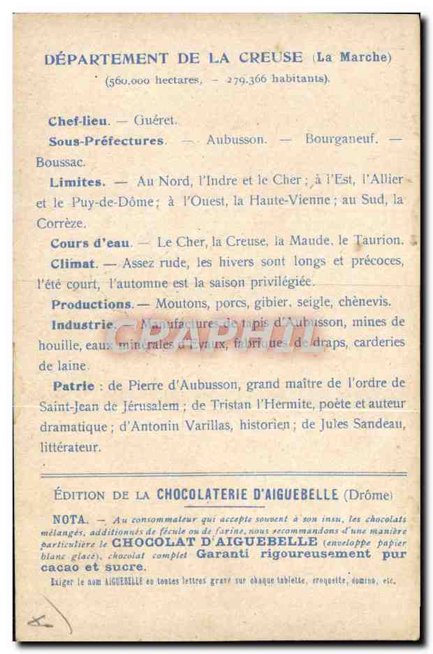 Département der Creuse — Geografische und beschreibende Karte — Ausgabe der Schokoladenfabrik Aiguebelle — Rückseite