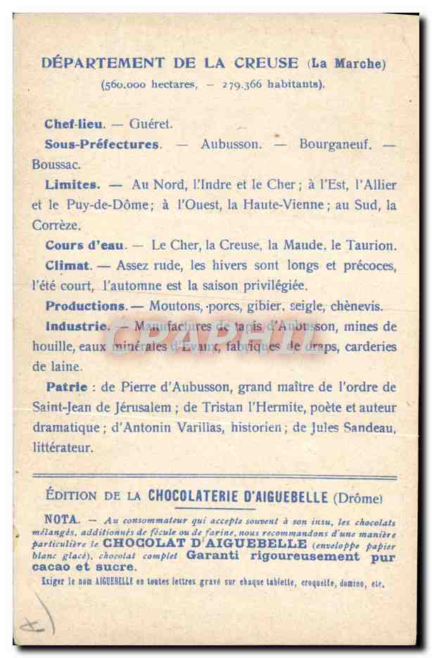 CPA Carte geographique Chocolaterie d'Aiguebelle Creuse  — Rückseite