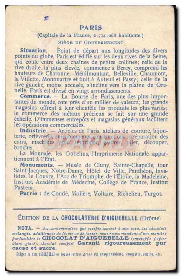 CPA Carte geographique Chocolaterie d'Aiguebelle Paris — Verso