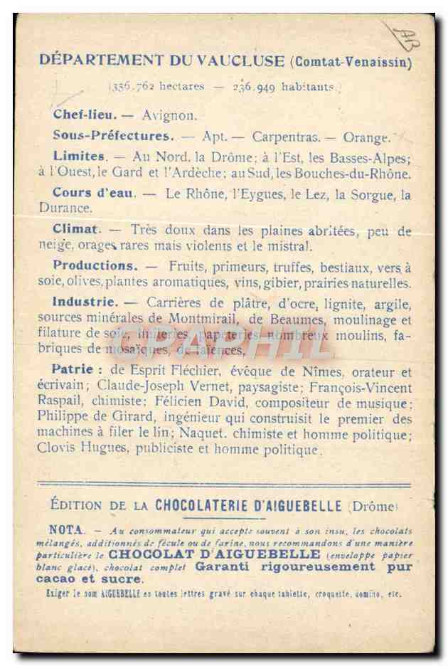 Les Départements : Vaucluse — Édition de la Chocolaterie d'Aiguebelle — Rückseite