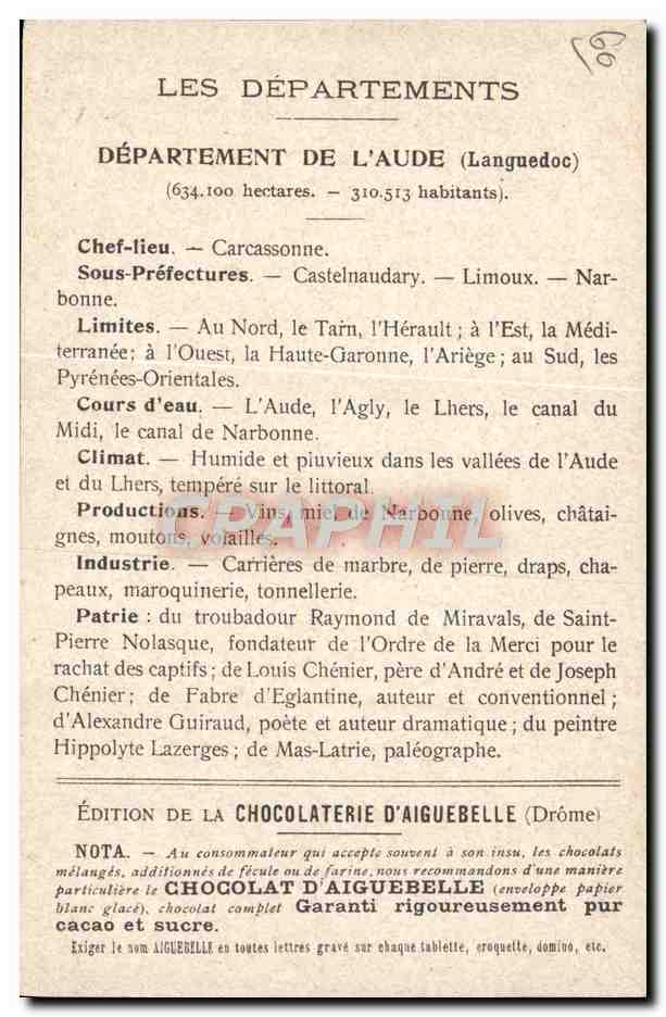 CPA Carte geographique Chocolaterie d'Aiguebelle Aude — Rückseite