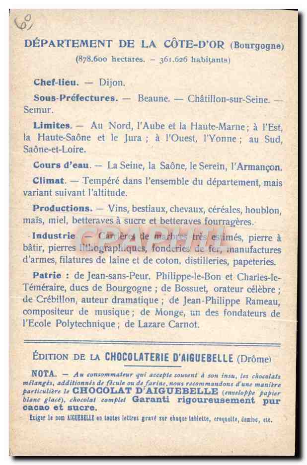 CPA Carte geographique Chocolaterie d'Aiguebelle Cote d'Or — Rückseite