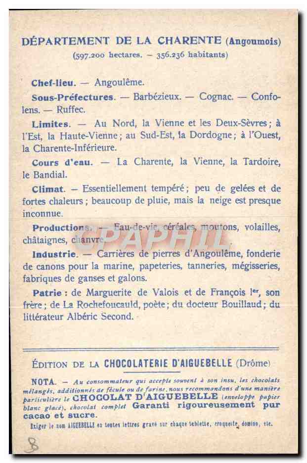 CPA Carte geographique Chocolaterie d'Aiguebelle Charente — Rückseite