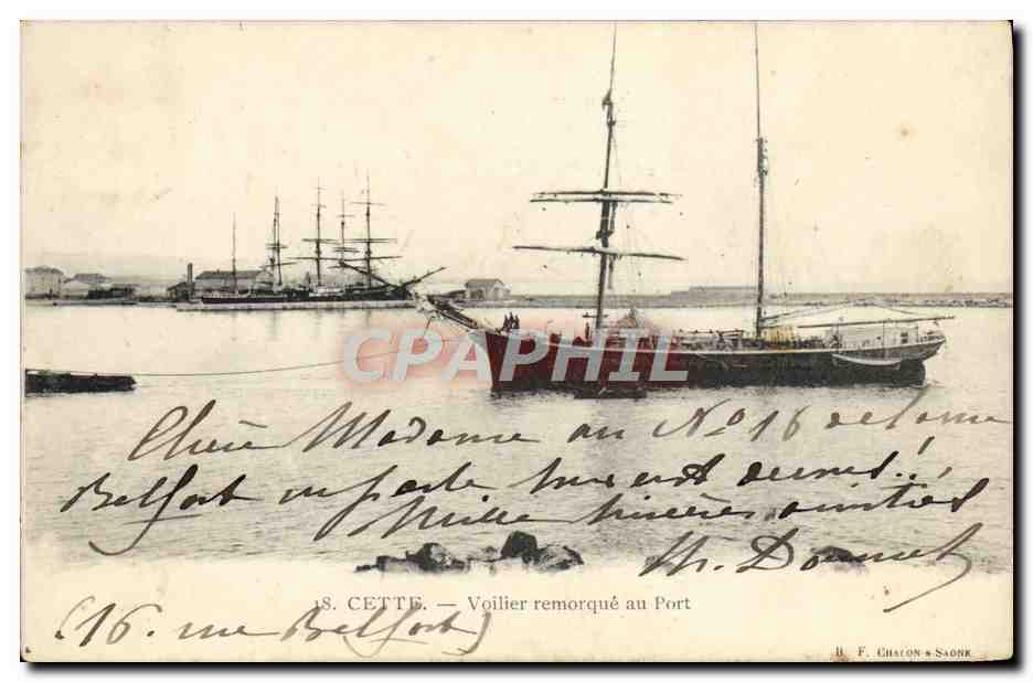 CETTE — Voilier remorqué au Port — B. F. CHATON & SAONK