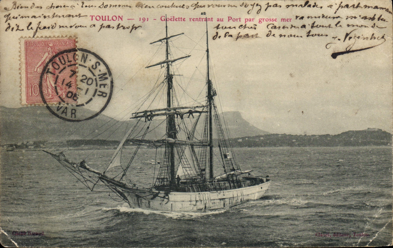 Toulon — Goélette rentrant au Port par grosse mer — Éditeur : Châtel, Toulon