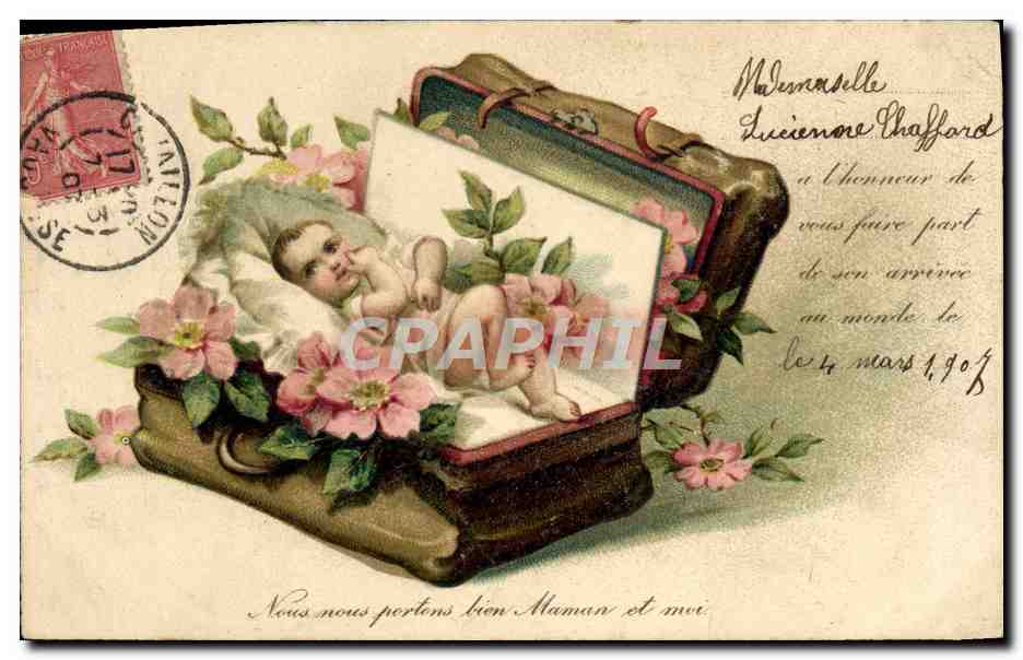 Nouveau-né dans une valise — carte de naissance — éditeur non visible