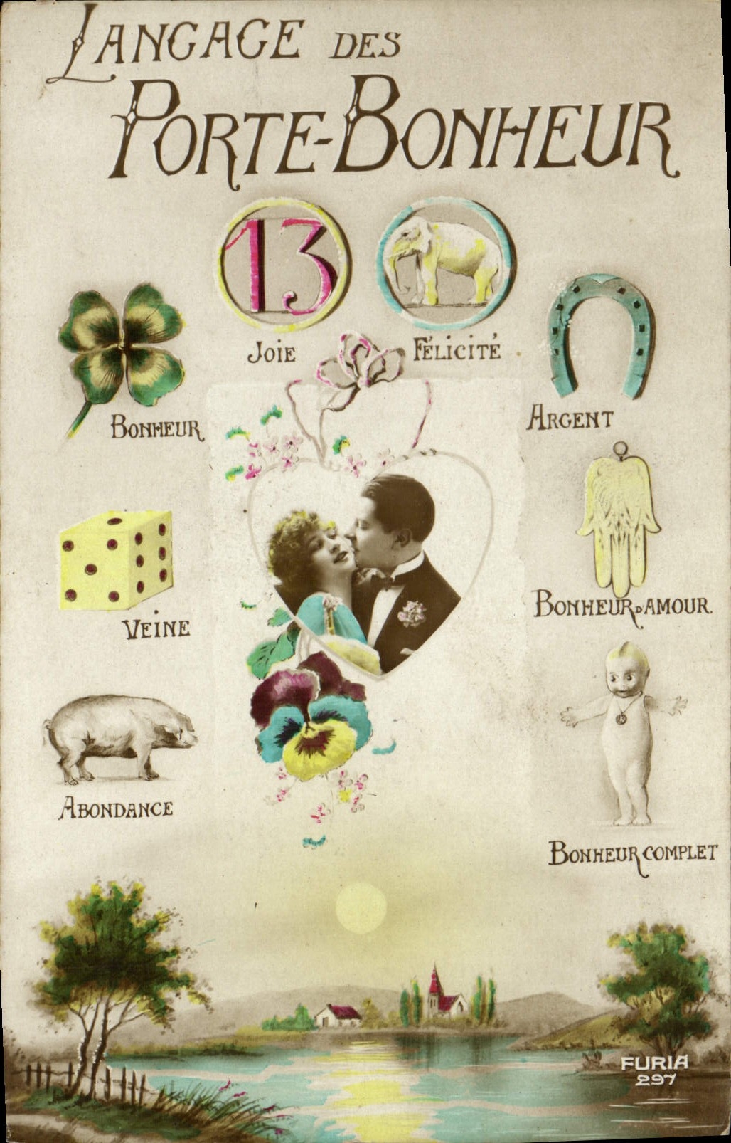 CPA Fantaisie Femme Langage des porte Bonheur Cochon Porc Fer a cheval Trefle De elephant 