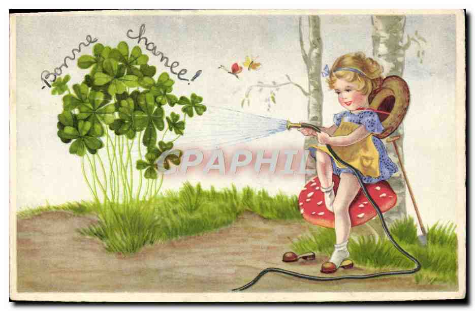 CPA Fantaisie Enfant Trefle Champignon