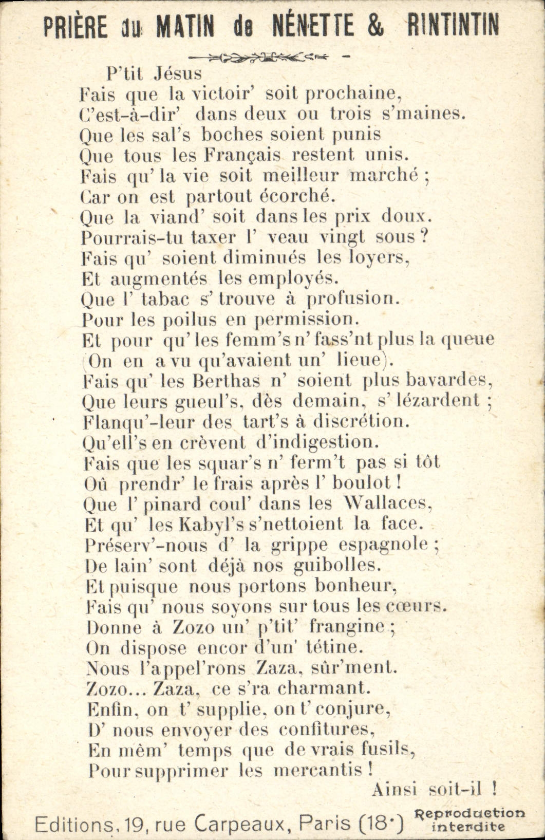Prière du Matin de Nénette & Rintintin — Éditions, 19 rue Carpeaux, Paris