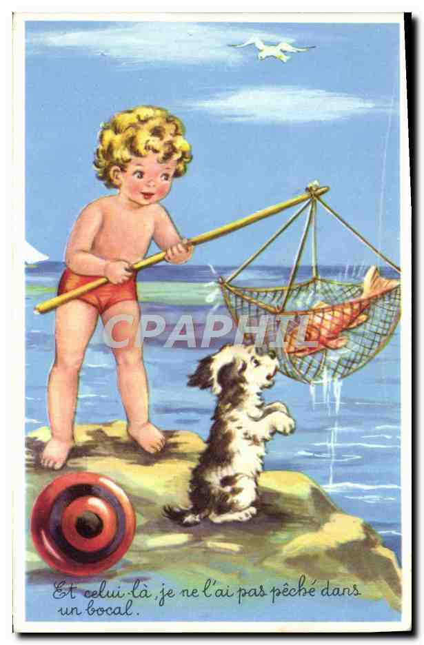 CPA Fantaisie Humour Enfant Plage Chien 