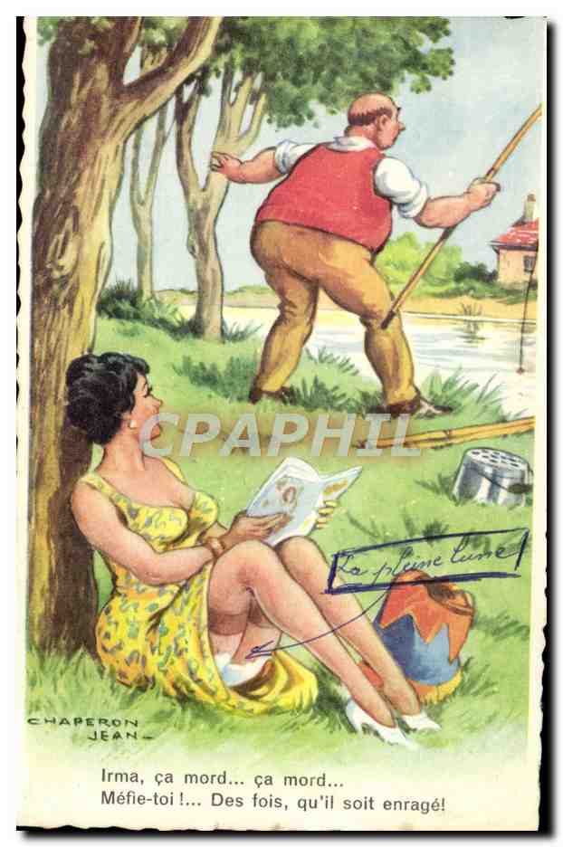 Woman reading under a tree — man fishing — drawing by Chaperon Jean