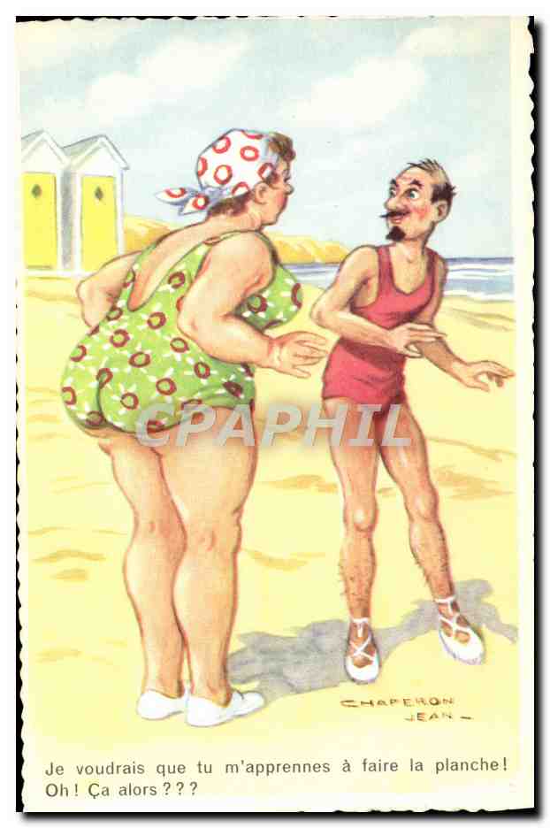 Femme et homme à la plage — dessin humoristique — Chaperon Jean