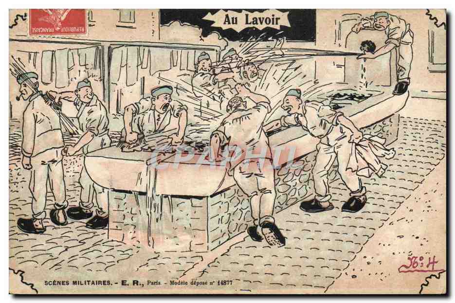 Am Waschhaus — Militärszenen — E. R., Paris — Modell angemeldet Nr. 14877