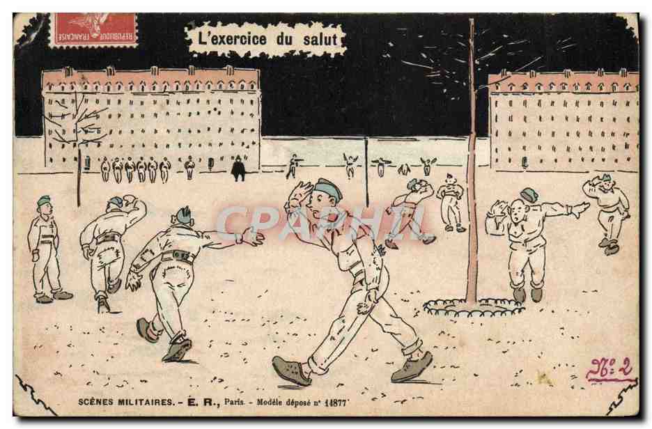 L'exercice du salut — Scènes militaires — É. R., Paris — Modèle déposé n° 14877