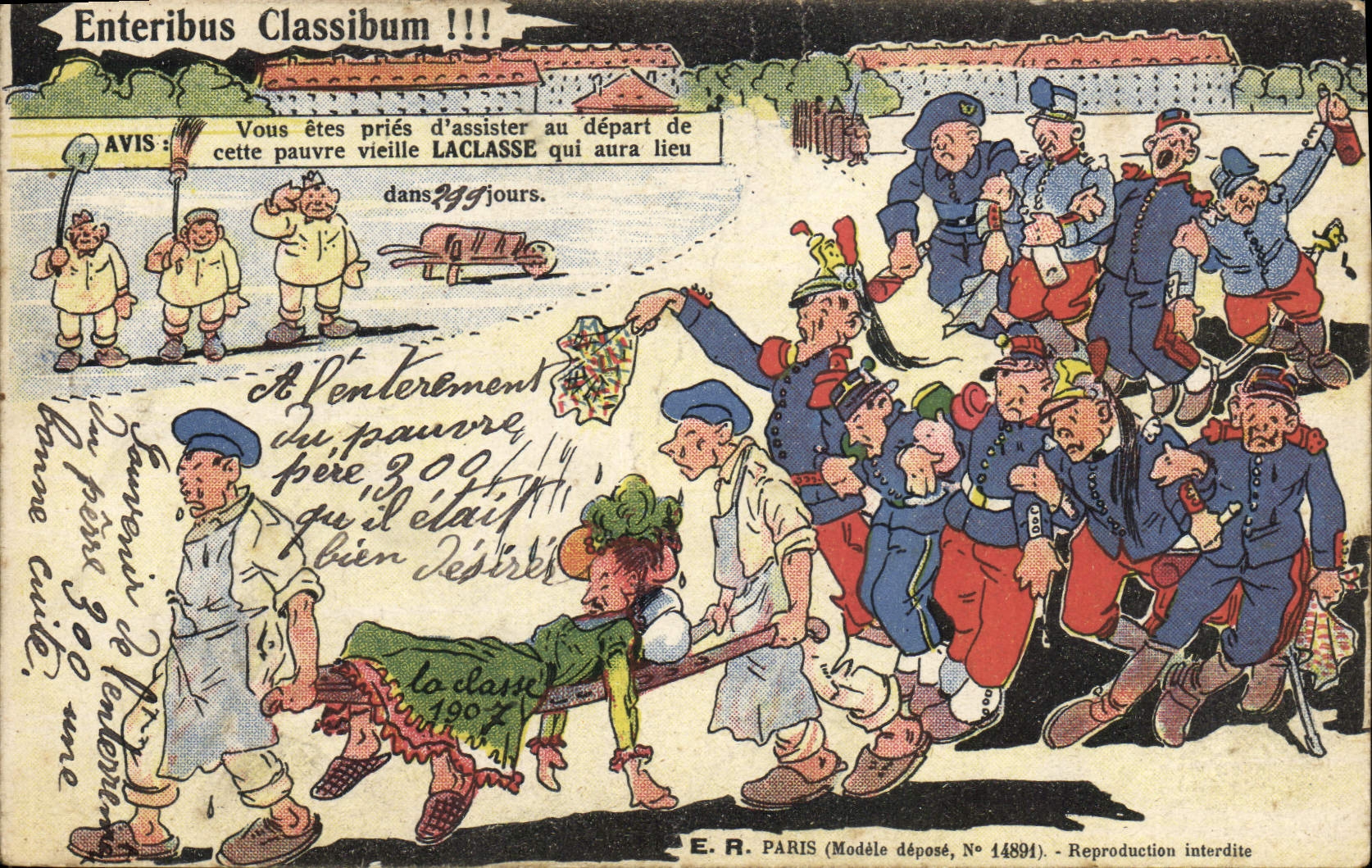 Enteribus Classibum !!! — Enterrement de la pauvre Laclasse — E. R. PARIS (Modèle déposé, N° 14894)