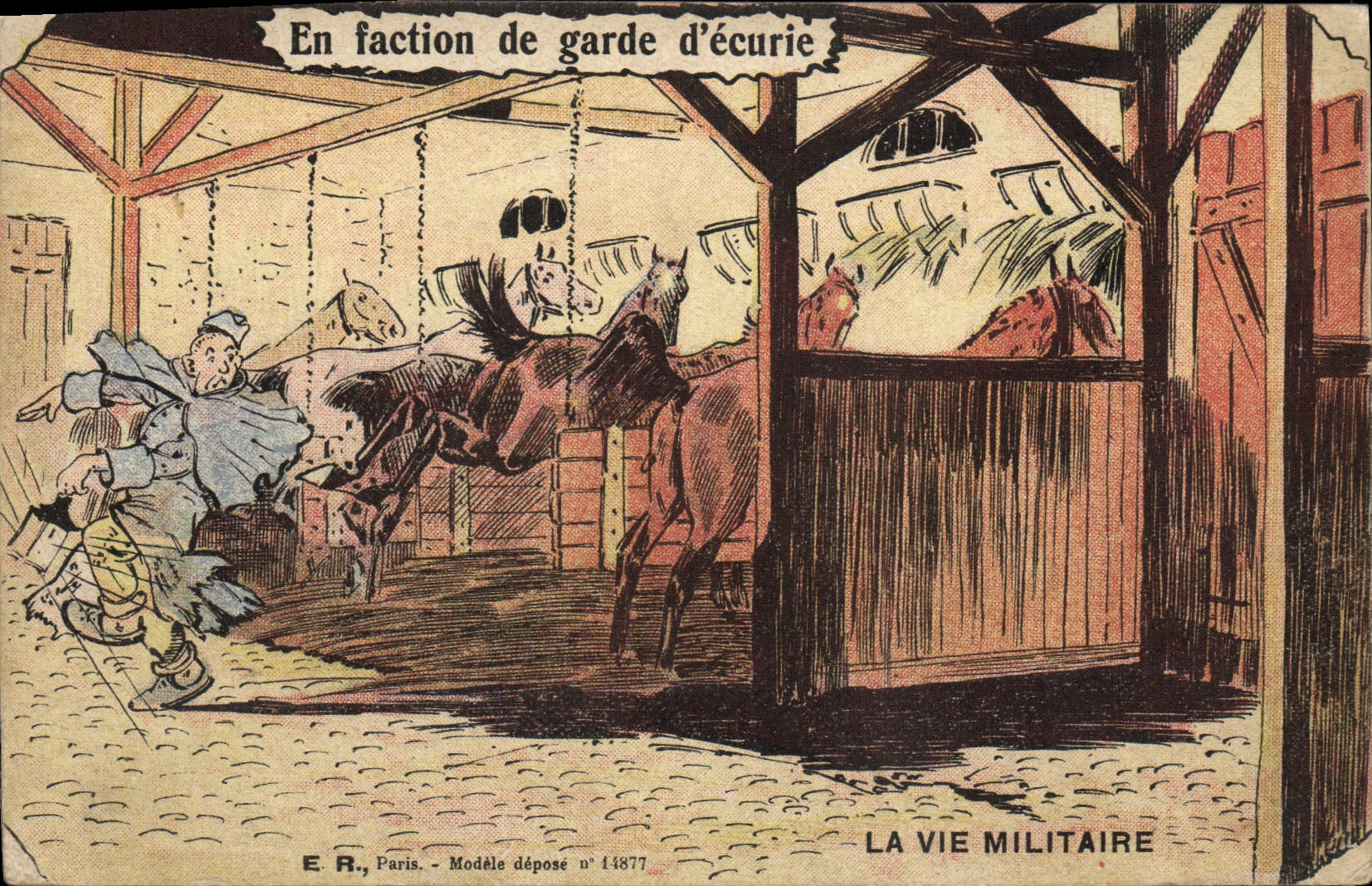 En faction de garde d'écurie — La Vie Militaire — E.R., Paris, Modèle déposé n° 14877